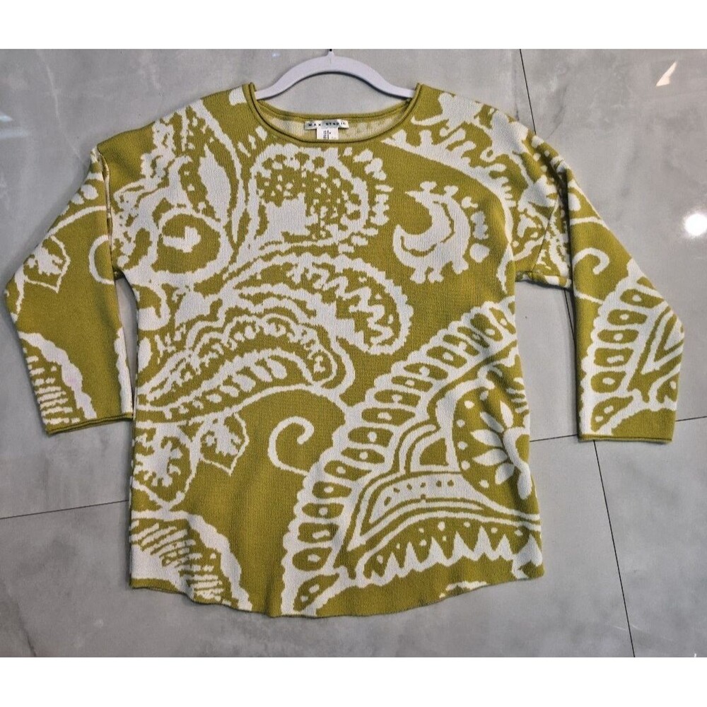 Women's MAX Studio Paisley Chartreuse & Whtie 3/4 Sleeve Boat Neck Sweater Sz Sm